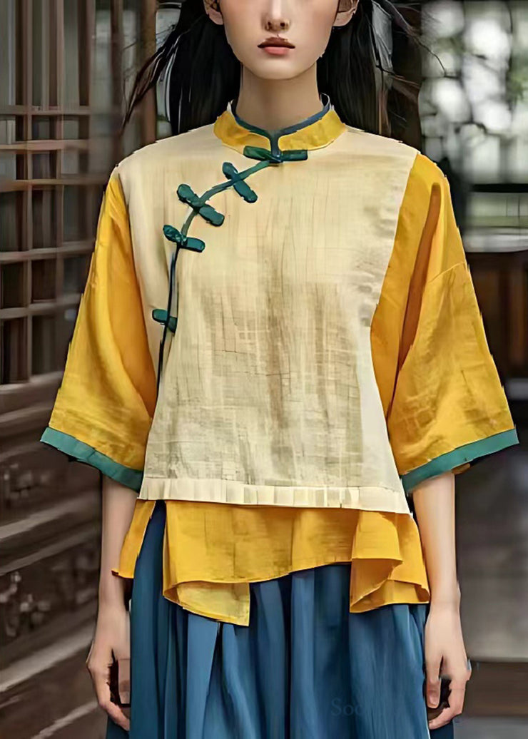 Fine Yellow Chinese Button Patchwork Linen Shirt Summer
