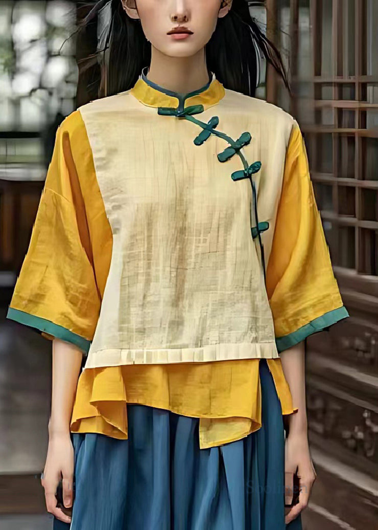 Fine Yellow Chinese Button Patchwork Linen Shirt Summer