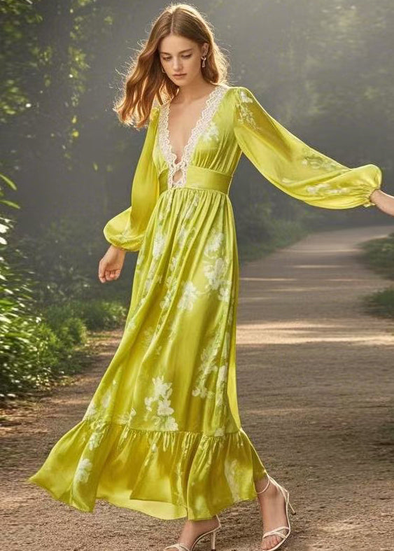 Fine Yellow Green V Neck Print Patchwork Silk Long Dress Spring