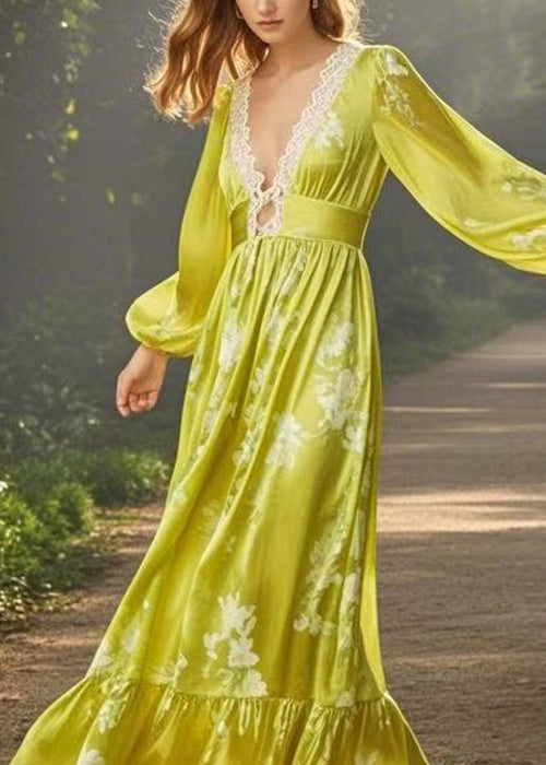 Fine Yellow Green V Neck Print Patchwork Silk Long Dress Spring