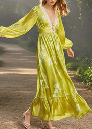 Fine Yellow Green V Neck Print Patchwork Silk Long Dress Spring