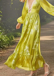 Fine Yellow Green V Neck Print Patchwork Silk Long Dress Spring