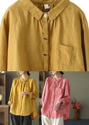 Fine Yellow Peter Pan Collar Button Linen Shirts Long Sleeve