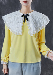 Fine Yellow Peter Pan Collar Silk Velour Shirt Tops Fall
