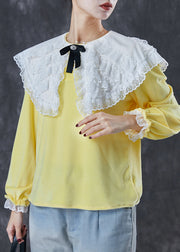 Fine Yellow Peter Pan Collar Silk Velour Shirt Tops Fall