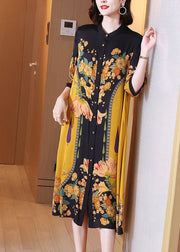 Fine Yellow Print Button Silk Long Shirts Dresses Summer