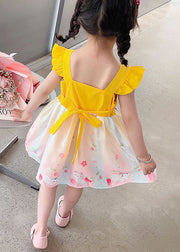 Fine Yellow Ruffled Embroideried Patchwork Cotton Baby Girls Dresses Summer