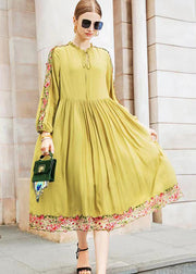 Fine Yellow Ruffled Embroideried Wrinkled Patchwork Chiffon Dress Fall