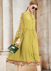 Fine Yellow Ruffled Embroideried Wrinkled Patchwork Chiffon Dress Fall