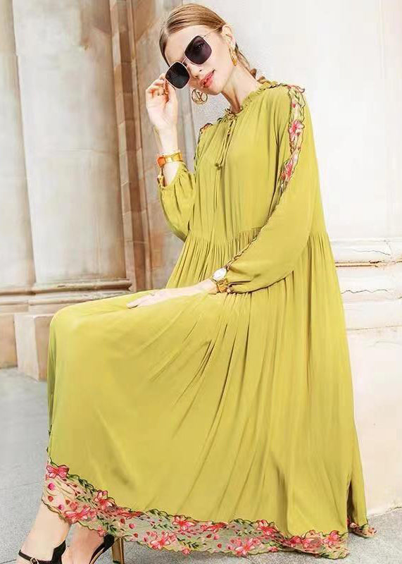 Fine Yellow Ruffled Embroideried Wrinkled Patchwork Chiffon Dress Fall