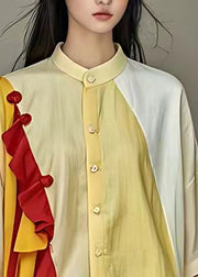Fine Yellow Stand Collar Ruffled Patchwork Shirts Summer