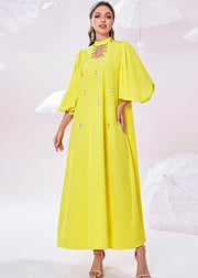 Fine Yellow Stand Collar Zircon Holiday Chiffon Maxi Dress Lantern Sleeve