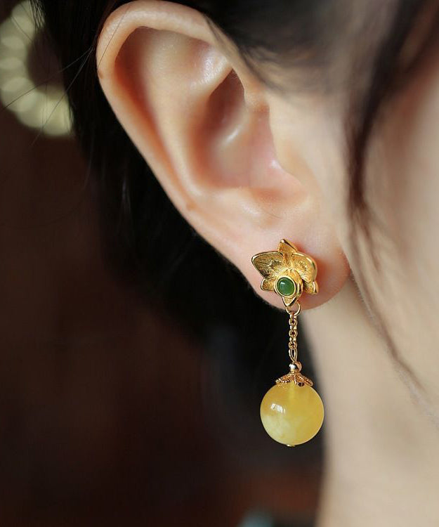 Fine Yellow Sterling Silver Overgild Beeswax Amber Crystal Floral Drop Earrings