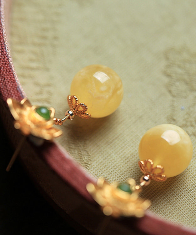 Fine Yellow Sterling Silver Overgild Beeswax Amber Crystal Floral Drop Earrings