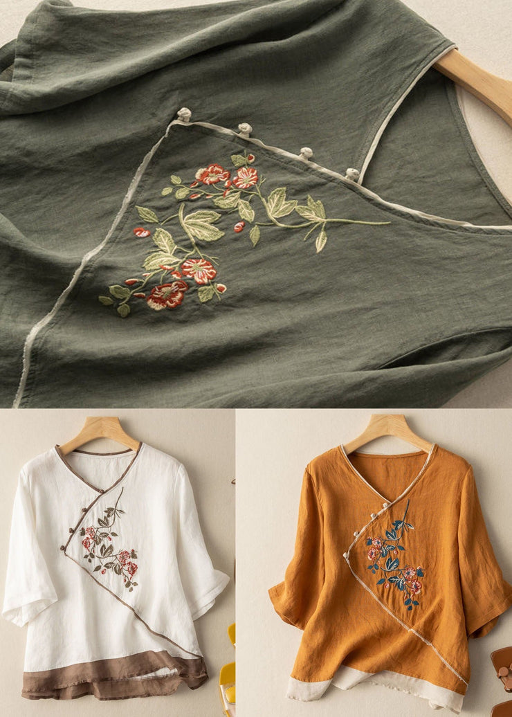 Fine Yellow V Neck Embroideried Patchwork Linen Tops Summer