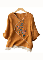 Fine Yellow V Neck Embroideried Patchwork Linen Tops Summer