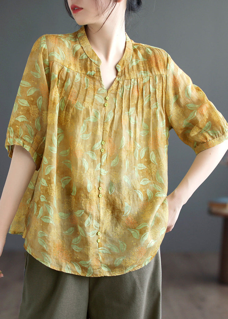 Fine Yellow V Neck Print Patchwork Wrinkled Button Ramie Top Short Sleeve