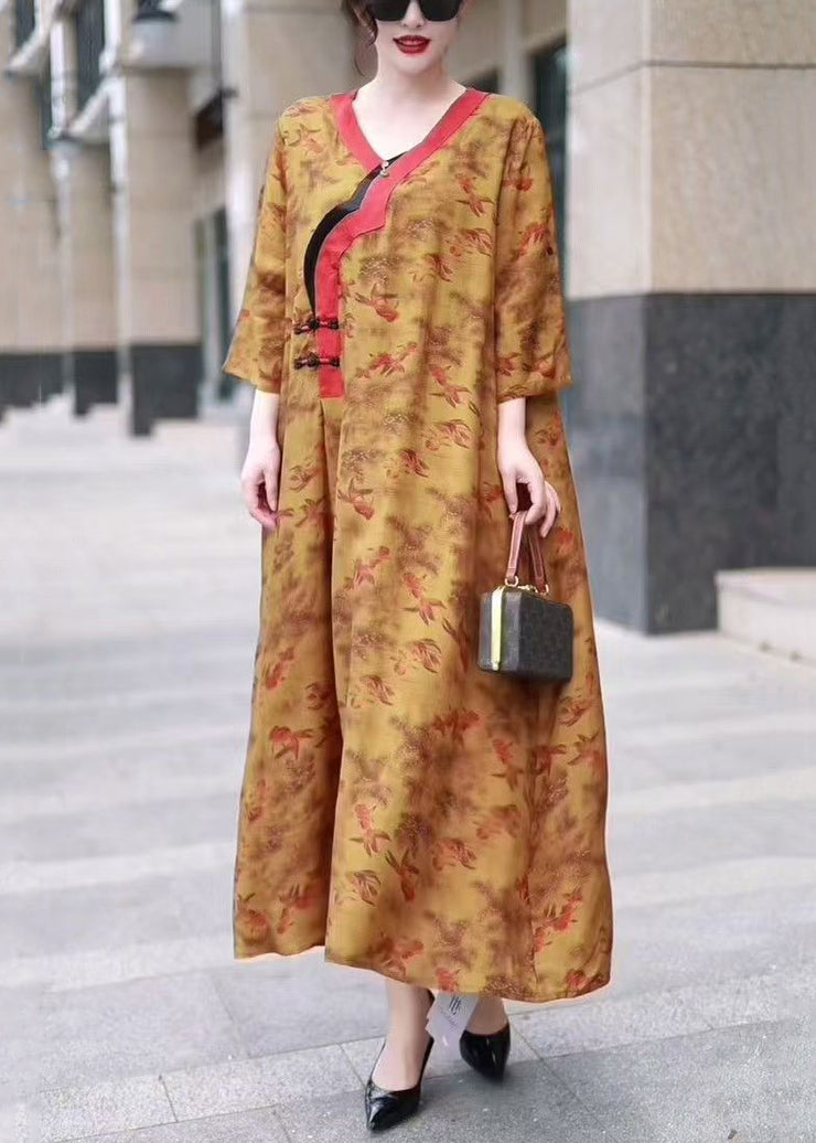 Fine Yellow V Neck Print Silk Long Dresses Bracelet Sleeve