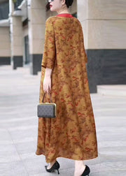 Fine Yellow V Neck Print Silk Long Dresses Bracelet Sleeve