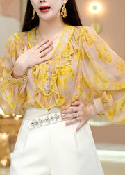 Fine Yellow V Neck Ruffled Print Chiffon Top Spring