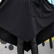 Feines schwarzes Baumwollseidenkleid in Übergröße mit asymmetrischem Saum, Reisekleid, Boutique-Kleid mit O-Ausschnitt