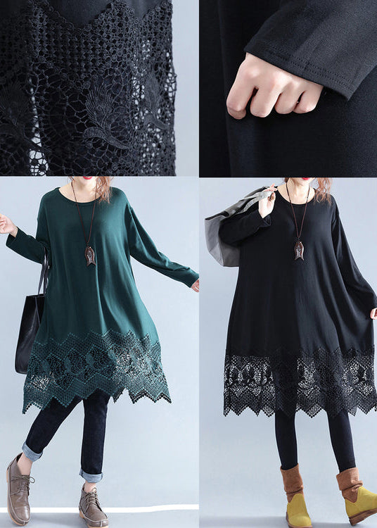 Fine Black Cotton Dresses Casual Cotton Clothing Dresses Fine Lace Ruffles Long Sleeve Cotton Dresses