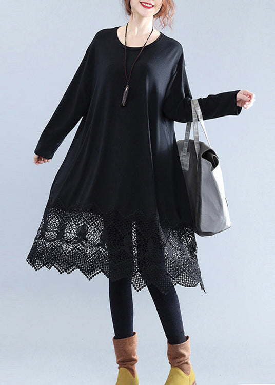 Fine Black Cotton Dresses Casual Cotton Clothing Dresses Fine Lace Ruffles Long Sleeve Cotton Dresses