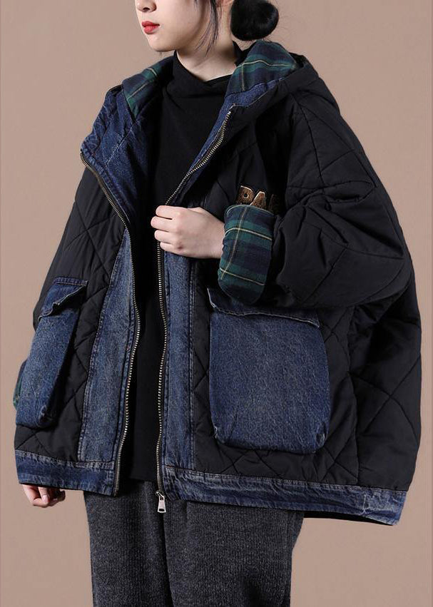 Fine black Parkas for women Loose fitting snow jackets hooded patchwork plaid winter outwear
