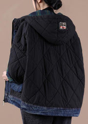 Feine schwarze Parkas für Damen Locker sitzende Schneejacken mit Kapuze, Patchwork-Karo-Winteroberbekleidung