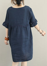 Feines, dunkelblaues Kniekleid aus Leinen, übergroßes Leinen-Baumwollkleid, Boutique-Kleid mit ausgestellten Ärmeln, Spitze, Patchwork-Kleidung aus Leinen