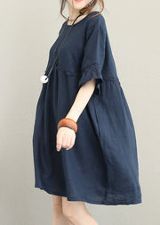 Feines, dunkelblaues Kniekleid aus Leinen, übergroßes Leinen-Baumwollkleid, Boutique-Kleid mit ausgestellten Ärmeln, Spitze, Patchwork-Kleidung aus Leinen