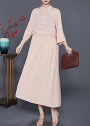 Fitted Apricot Stand Collar Chinese Button Linen Dress Bracelet Sleeve