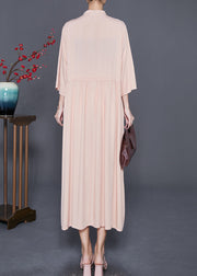 Fitted Apricot Stand Collar Chinese Button Linen Dress Bracelet Sleeve