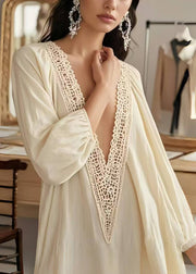 Fitted Apricot V Neck Patchwork Lace Robe Dresses Spring