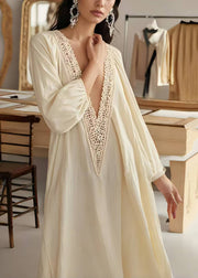 Fitted Apricot V Neck Patchwork Lace Robe Dresses Spring