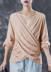 Fitted Beige Asymmetrical Cross Connection Knit Tops Spring