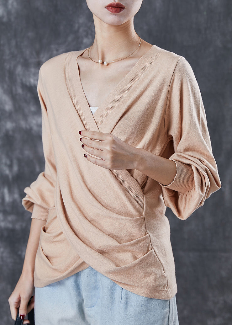 Fitted Beige Asymmetrical Cross Connection Knit Tops Spring