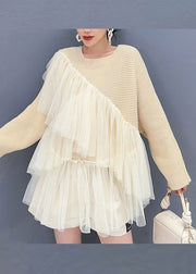 Fitted Beige O-Neck Asymmetrical Tulle Patchwork Knit Tops Fall