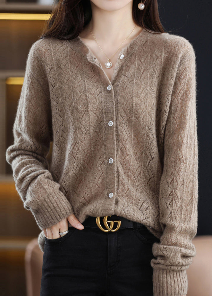 Fitted Beige O Neck Hollow Out Button Patchwork Woolen Cardigans Fall