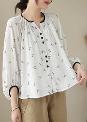 Fitted Beige Oversized Print Cotton Blouses Lantern Sleeve