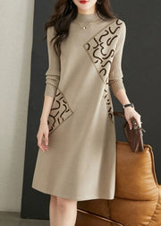 Fitted Beige Stand Collar Zircon Patchwork Knit Dress Fall