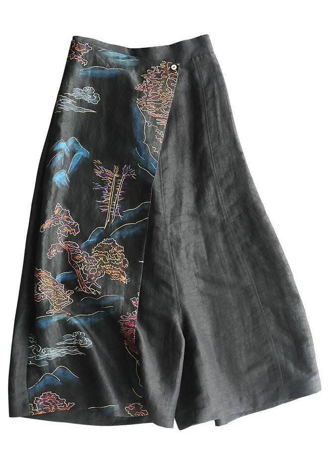 Fitted Black Asymmetrical Design Print Silk Wide Leg Crop Pants Summer