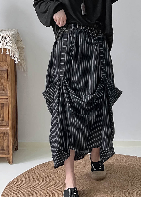 Fitted Black Asymmetrical Striped Cotton Skirts Summer