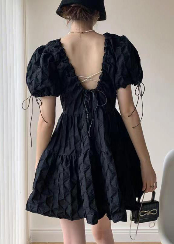 Fitted Black Backless Patchwork Cotton Mid Dress Puff Sleeve