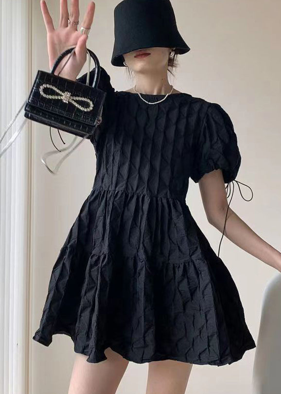 Fitted Black Backless Patchwork Cotton Mid Dress Puff Sleeve