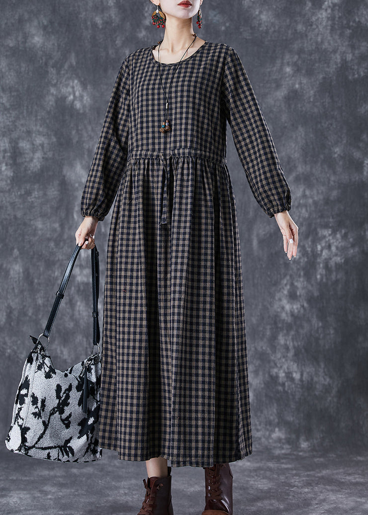 Fitted Black Cinched Plaid Linen Holiday Dress Fall