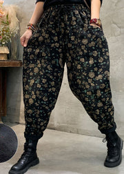 Fitted Black Fleece Lined Floral denim Pants Winter