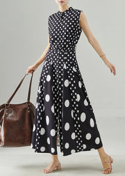 Fitted Black Dot Patchwork Tie Waist Party Dress Sleeveless