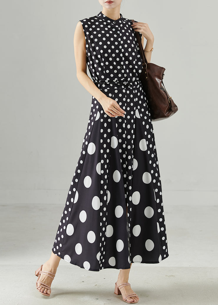 Fitted Black Dot Patchwork Tie Waist Party Dress Sleeveless