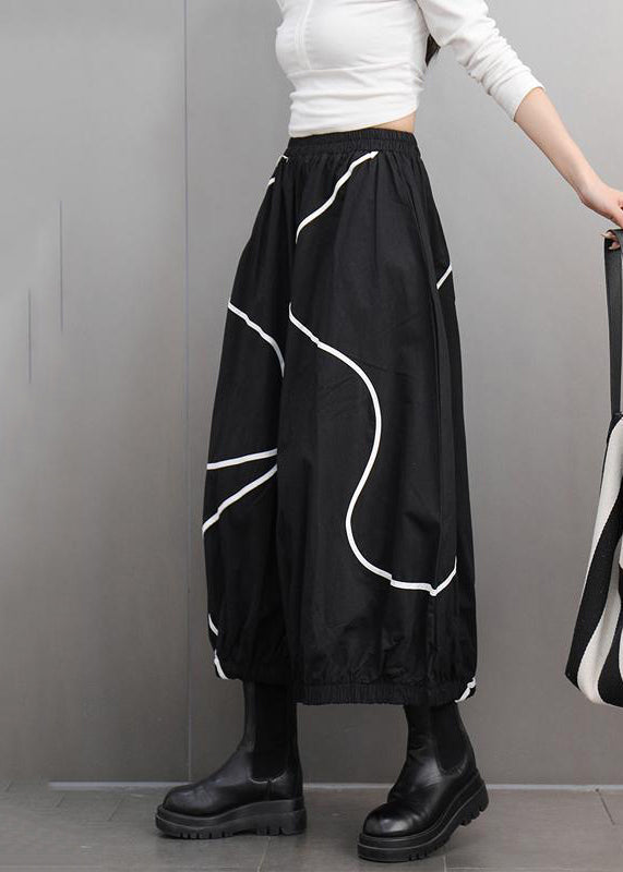 Fitted Black Elastic Waist Striped Lantern Skirts Spring